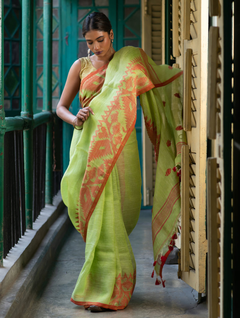 Handwoven Elegance. Exclusive Linen Jamdani Saree  - Lime