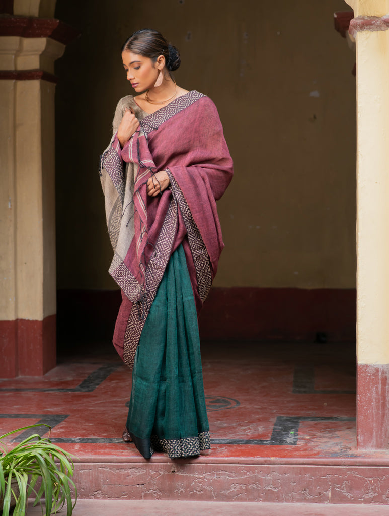Handwoven Elegance. Exclusive Linen Kantha Patli Saree - Earth Tones