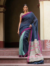 Load image into Gallery viewer, Handwoven Elegance. Exclusive Linen Kantha Patli Saree - Ocean Tones