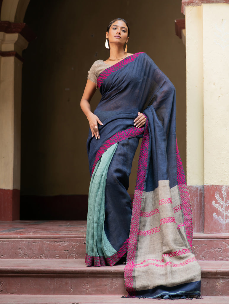 Handwoven Elegance. Exclusive Linen Kantha Patli Saree - Ocean Tones