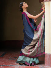Load image into Gallery viewer, Handwoven Elegance. Exclusive Linen Kantha Patli Saree - Ocean Tones