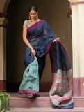 Handwoven Elegance. Exclusive Linen Kantha Patli Saree - Ocean Tones