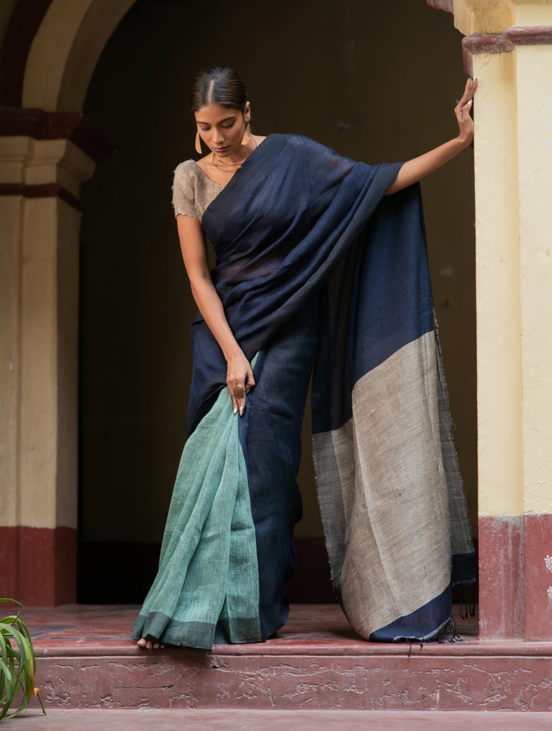 Handwoven Elegance. Exclusive Linen Patli  Saree - Earth Tones