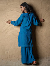 Load image into Gallery viewer, Handwoven Elegance. Kashida Pattu Cotton Top &amp; Wrap Skirt Set - Blue Vibe
