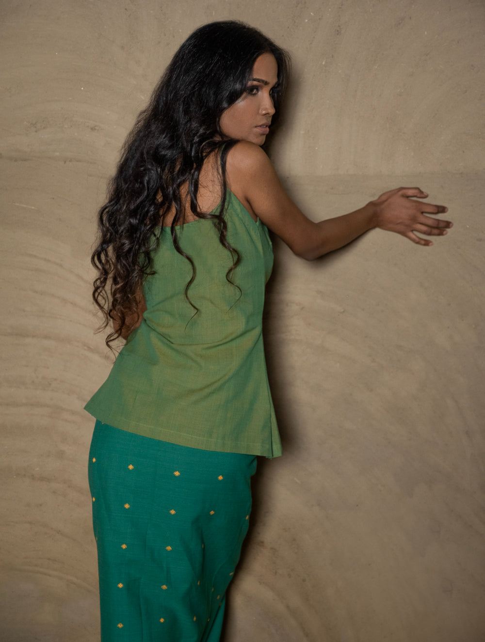 Load image into Gallery viewer, Handwoven Elegance. Kashida Pattu Cotton Wrap Skirt &amp; Top Set - Green &amp; Lime