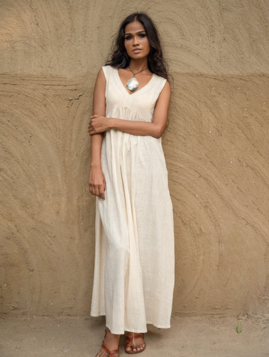Handwoven Elegance. Organic Kala Cotton Long Dress - Pure Cream 