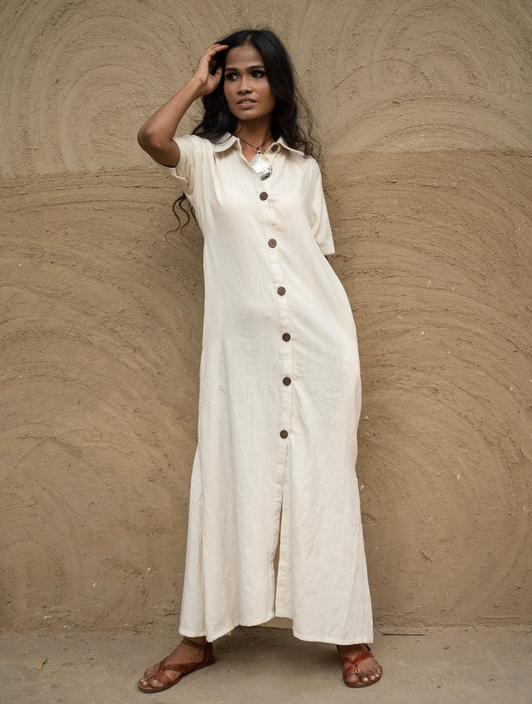 Handwoven Elegance. Organic Kala Cotton Long Shirt Dress - Pure Cream 