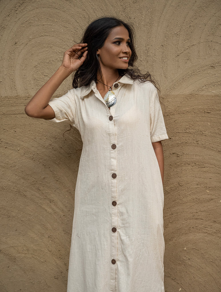 Handwoven Elegance. Organic Kala Cotton Long Shirt Dress - Pure Cream 