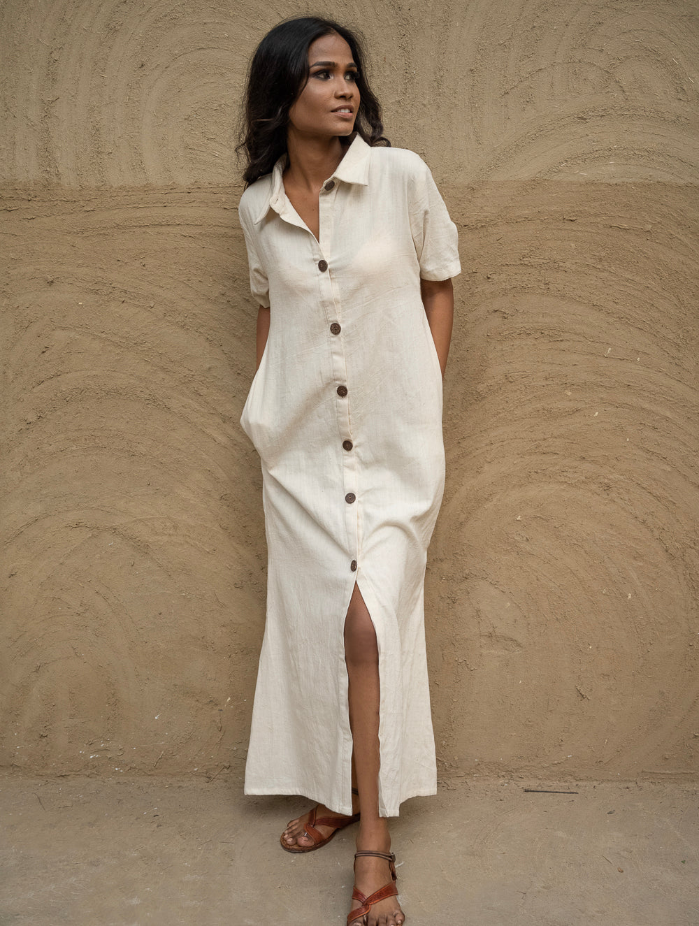 Load image into Gallery viewer, Handwoven Elegance. Organic Kala Cotton Long Shirt Dress - Pure Cream 