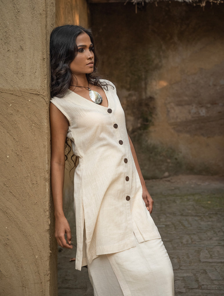 Handwoven Elegance. Organic Kala Cotton Wrap Skirt & Top Set - Pure Cream 