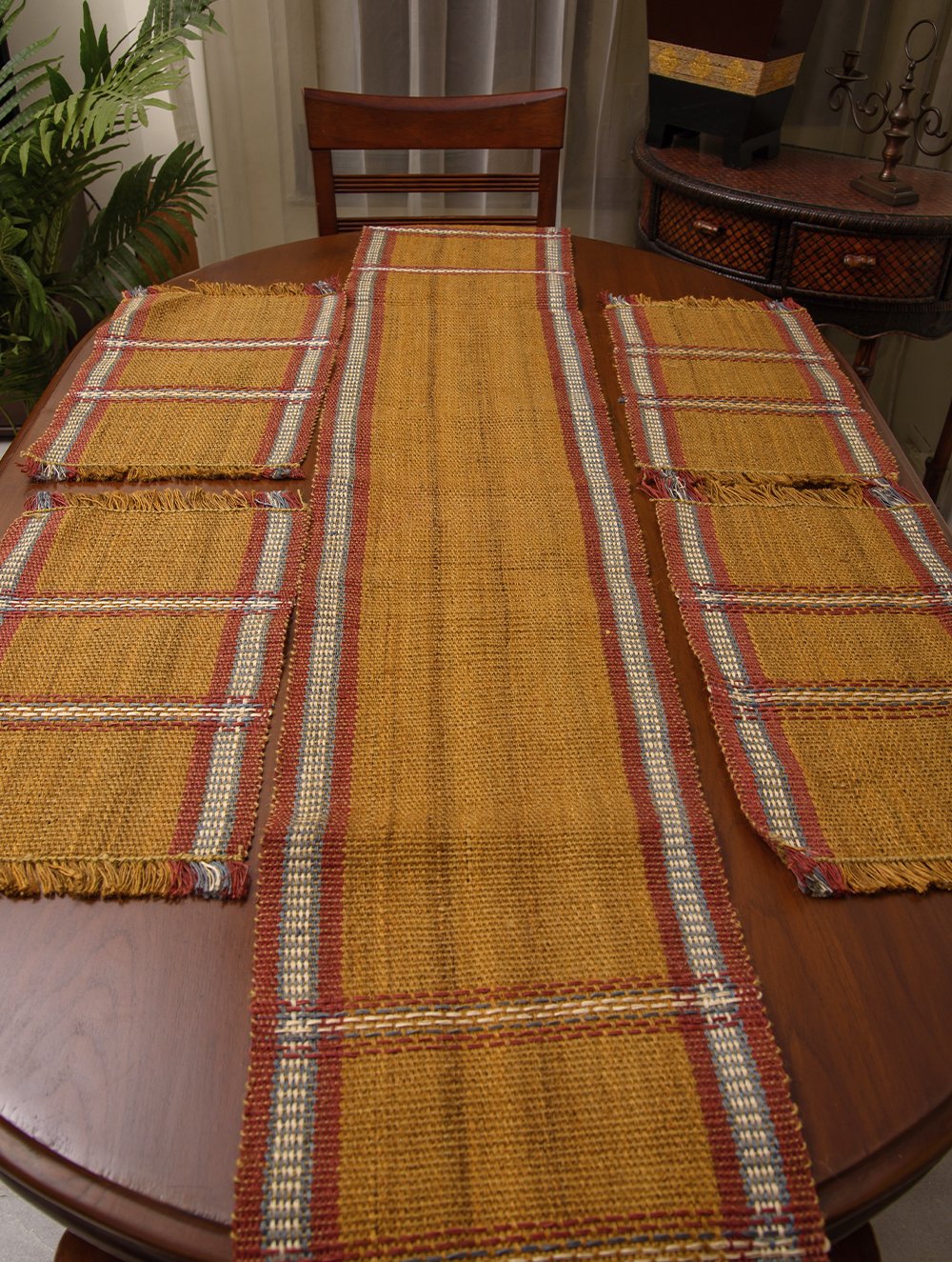 Load image into Gallery viewer, Handwoven Jute Table Runner &amp; Mats (Set of 5) - Dull Mustard &amp; Rust