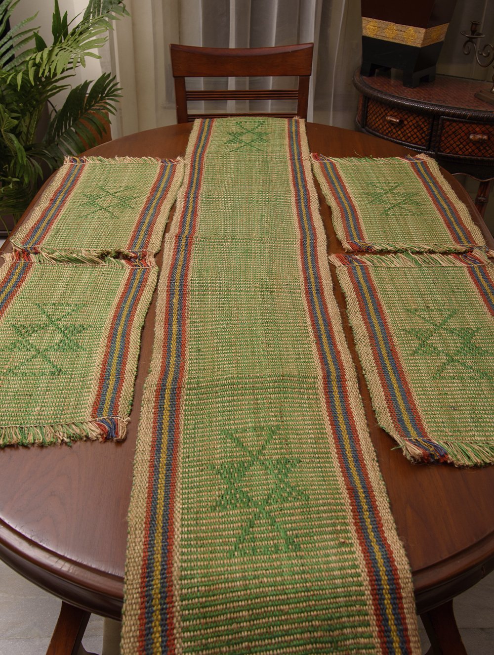 Load image into Gallery viewer, Handwoven Jute Table Runner &amp; Mats (Set of 5) - Light Green &amp; Beige