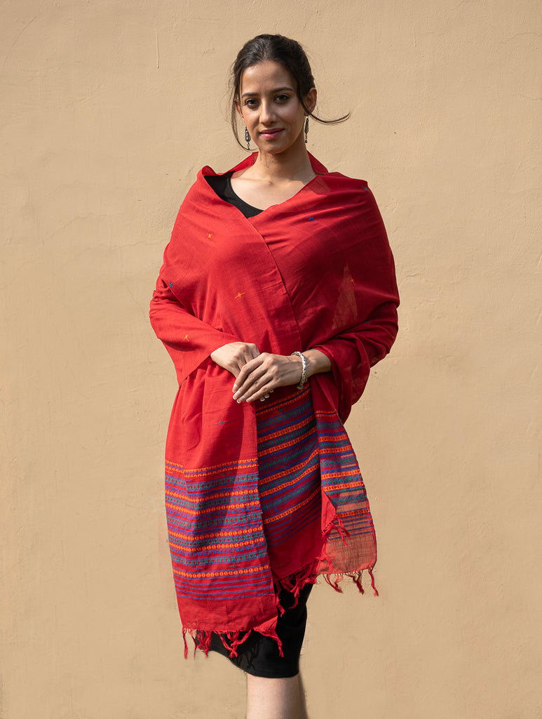 Handwoven Kashida Pattu Cotton Stole / Dupatta - Warm Red