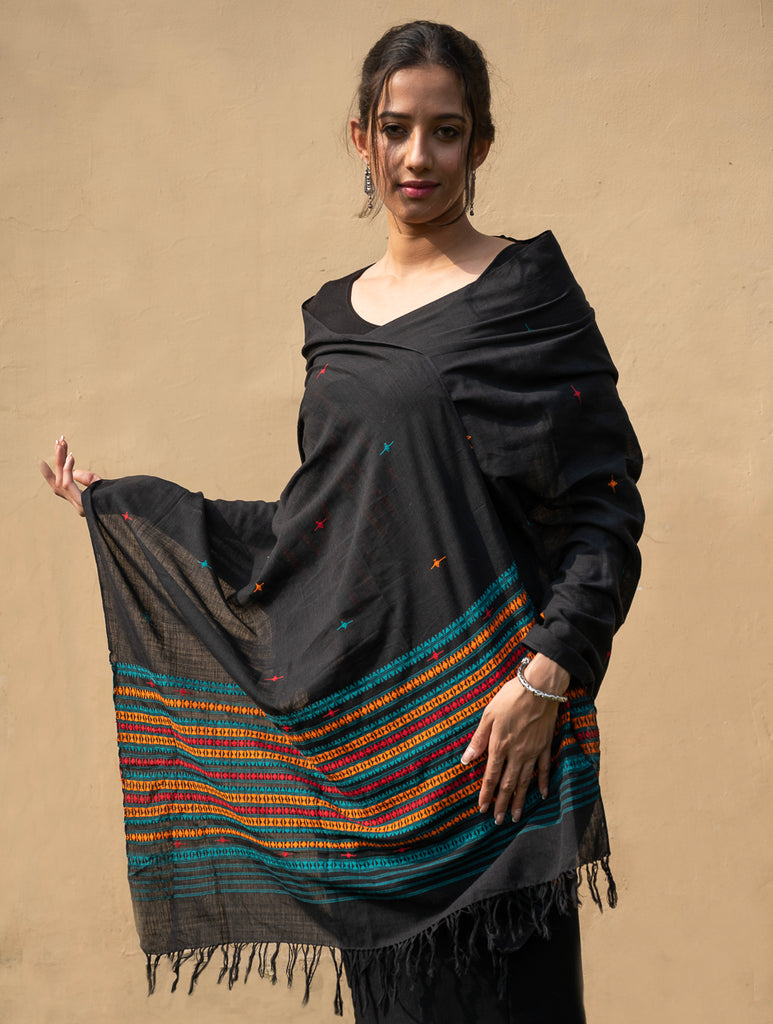Handwoven Kashida Pattu Cotton Stole / Dupatta - Black Beauty