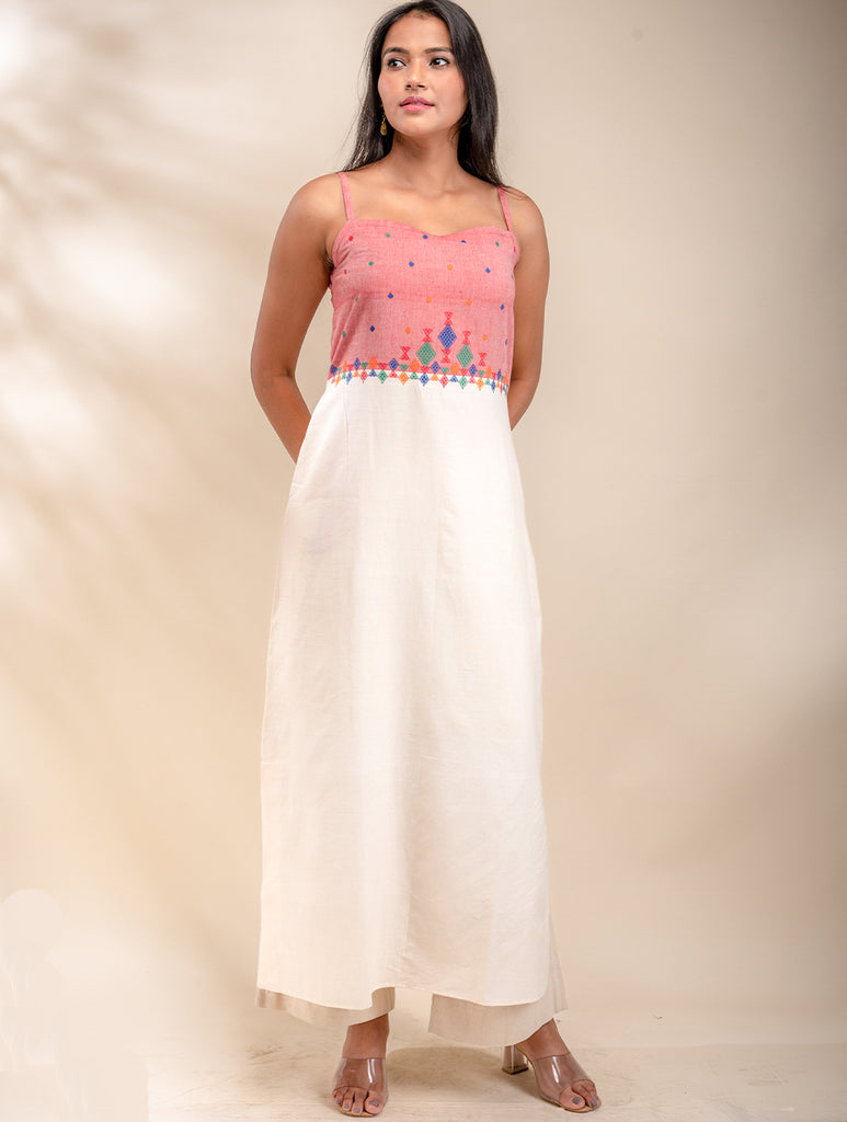 Handwoven Kashida Pattu Slip Dress - Off-White & Salmon Pink