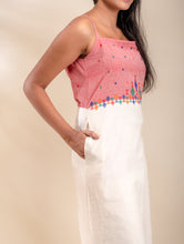 Load image into Gallery viewer, Handwoven Kashida Pattu Slip Dress - Off-White &amp; Salmon Pink