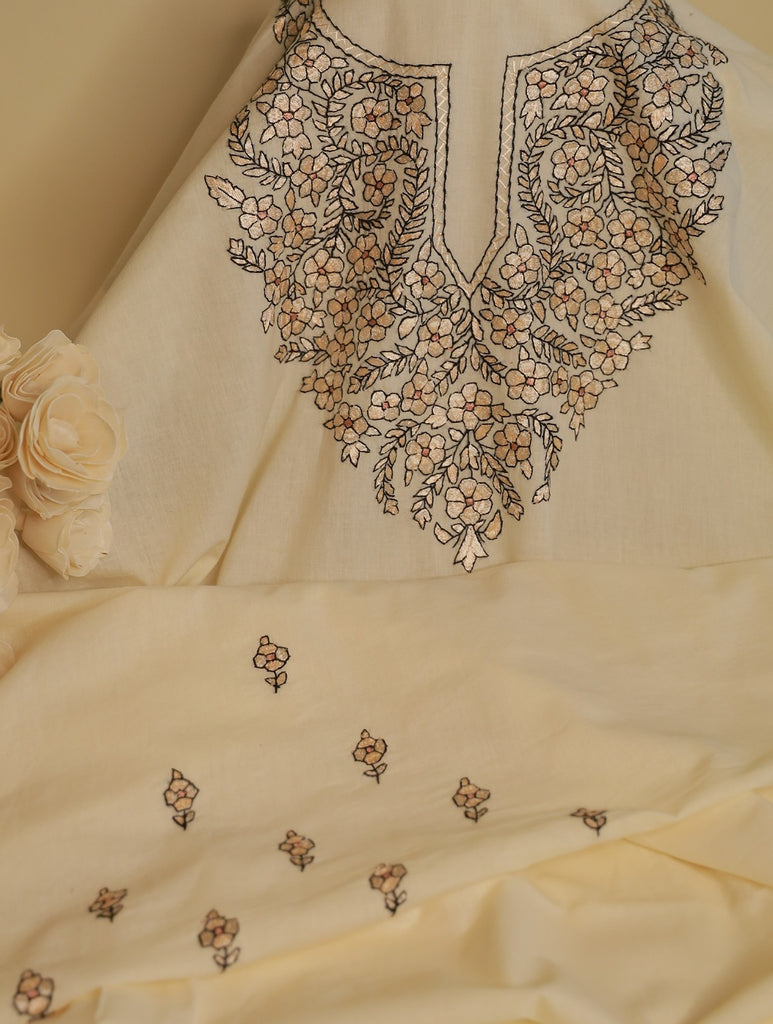 Exclusive, Fine Kashmiri Hand Embroidered Cotton Kurta / Dress Fabric - Shades of Cream