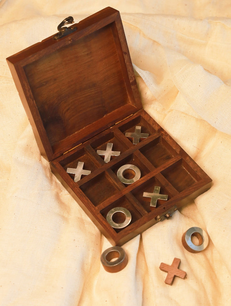 Handcrafted Wood & Brass Tic Tac Toe Game With Box