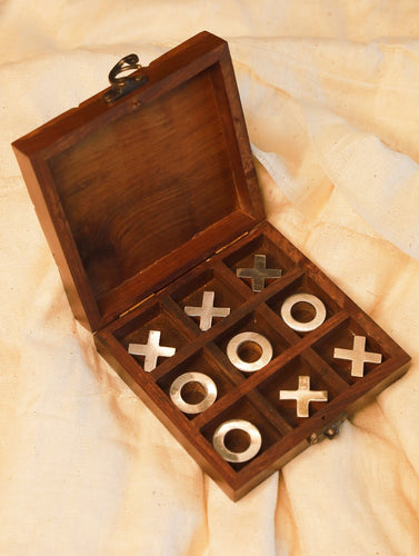 Handcrafted Wood & Brass Tic Tac Toe Game With Box
