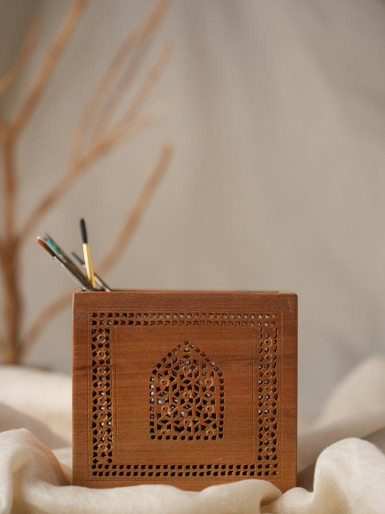 Intricate Jaali Wood Craft Stationery Holder - Mughal Ornate