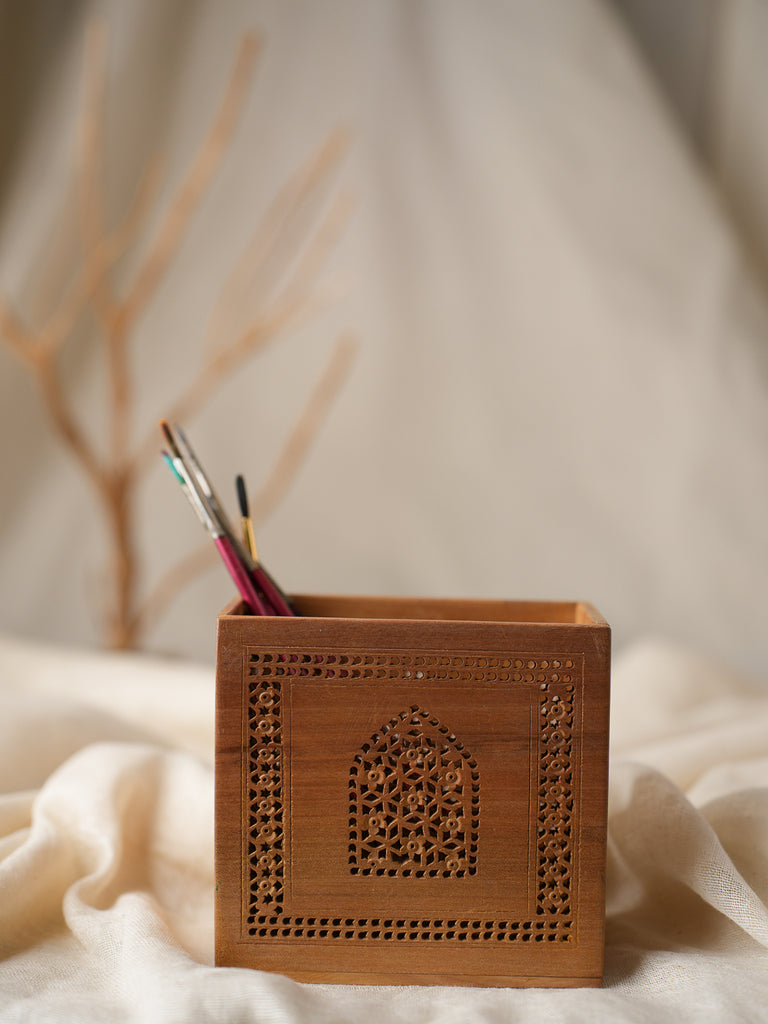 Intricate Jaali Wood Craft Stationery Holder - Mughal Ornate