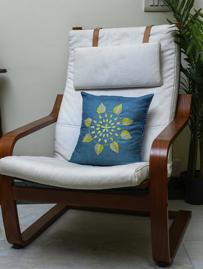 Intricate, fine Kantha Embroidered Silk Cushion Cover - Flower (Piece)