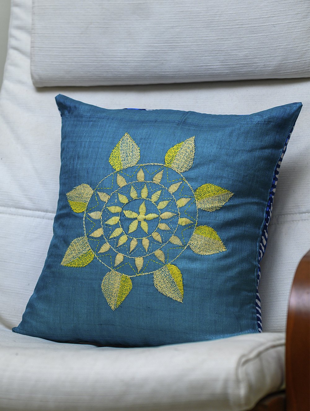 Load image into Gallery viewer, Intricate, fine Kantha Embroidered Silk Cushion Cover - Flower (Piece)