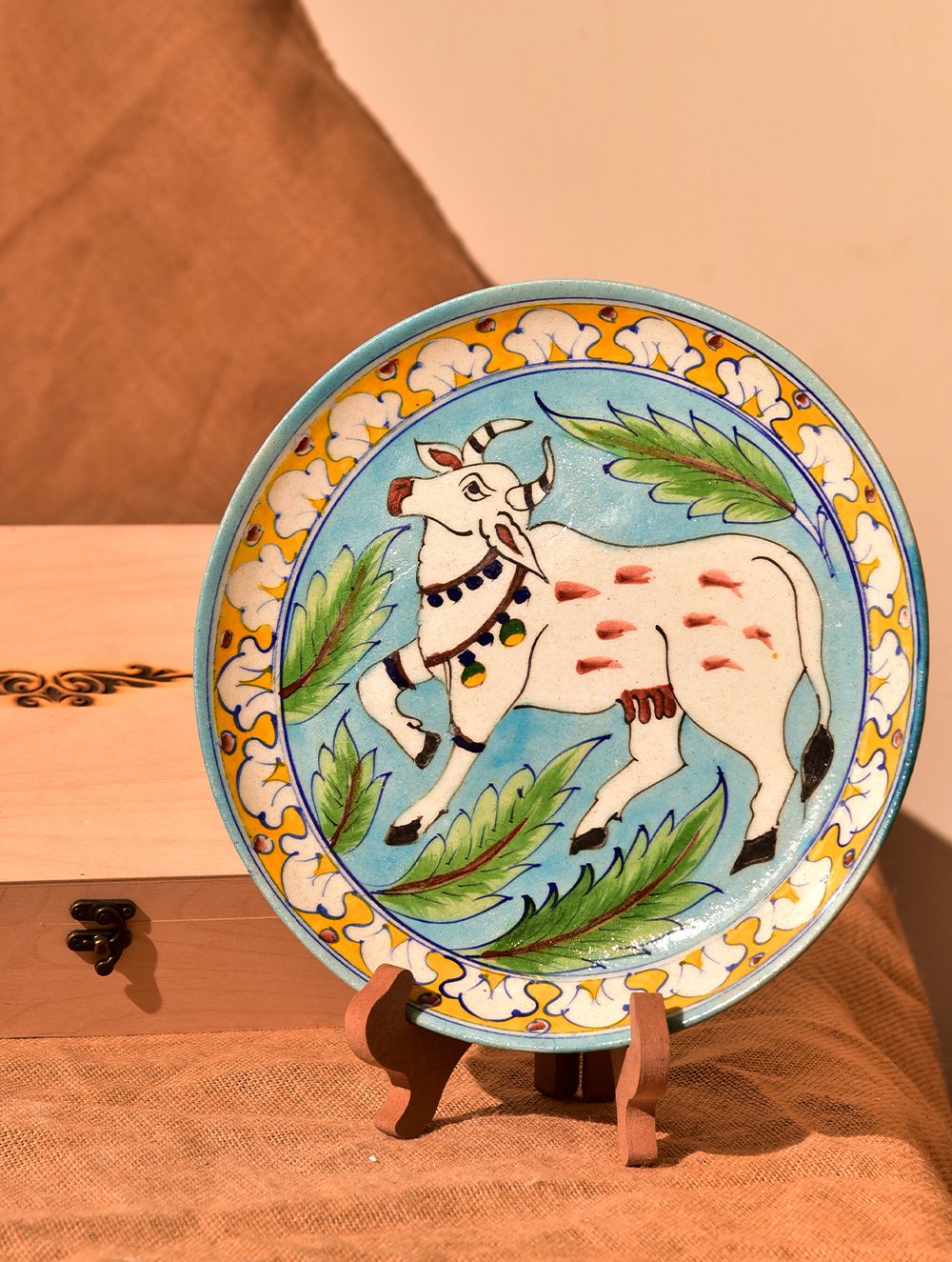 Load image into Gallery viewer, Jaipur Blue Pottery Decorative Plate in Wooden Box -  Blue Cow