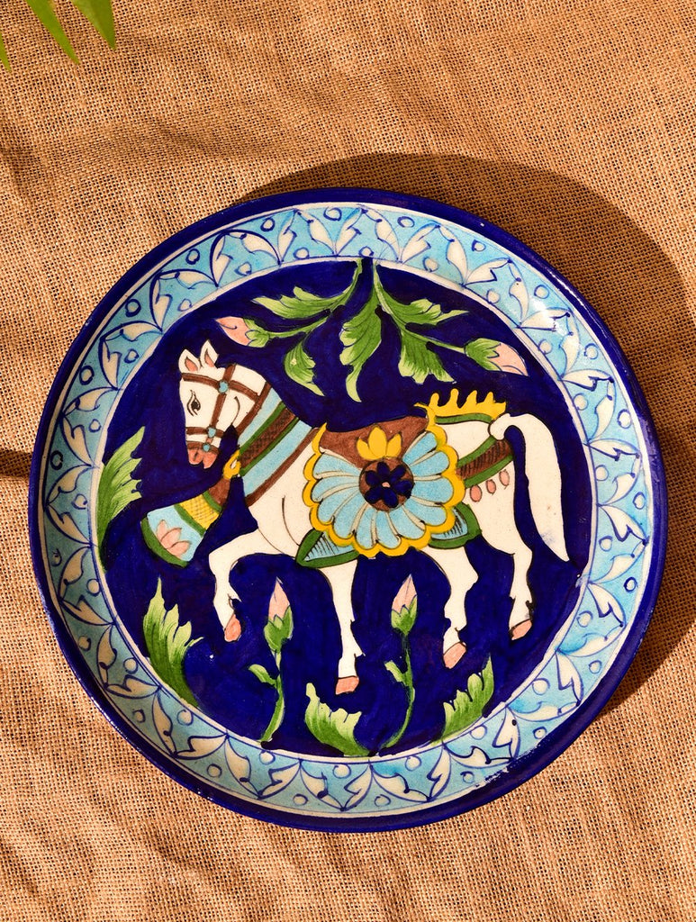 Jaipur Blue Pottery Decorative Plate in Wooden Box - Blue Horse