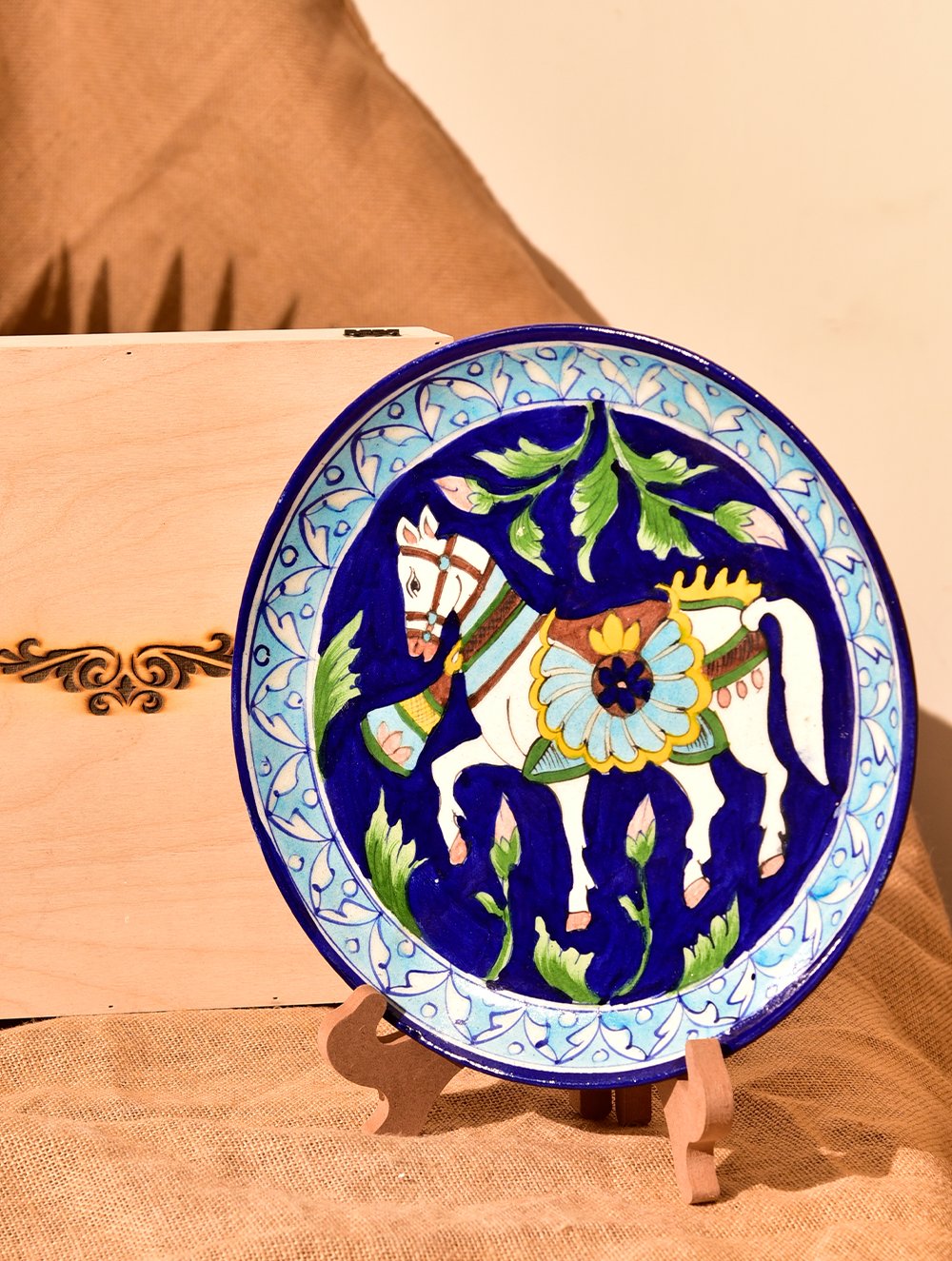 Load image into Gallery viewer, Jaipur Blue Pottery Decorative Plate in Wooden Box - Blue Horse