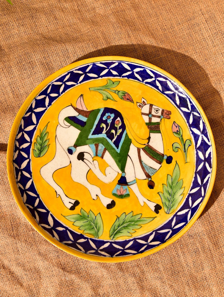 Jaipur Blue Pottery Decorative Plate in Wooden Box - Yellow Camel