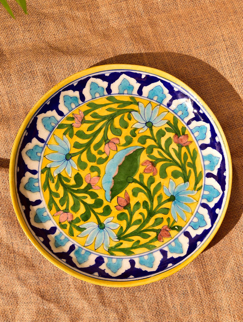 Jaipur Blue Pottery Decorative Plate in Wooden Box - Yellow Lotus