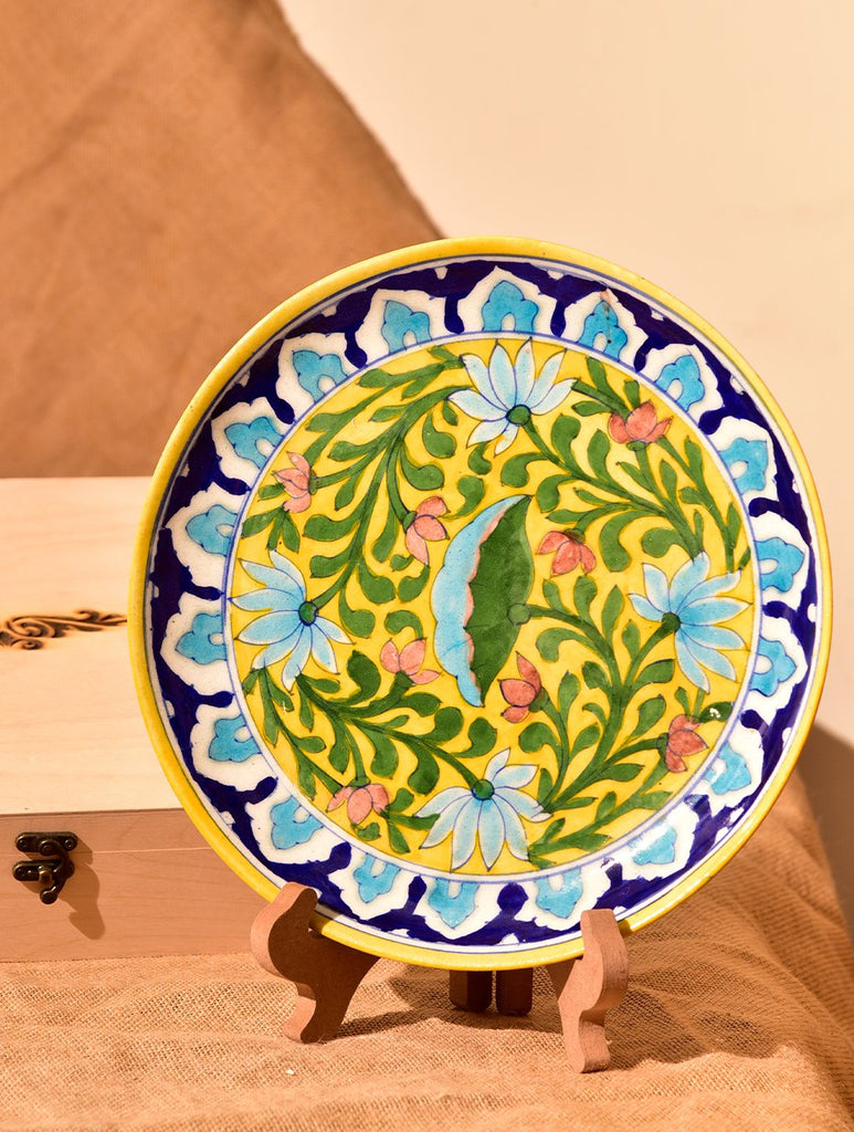 Jaipur Blue Pottery Decorative Plate in Wooden Box - Yellow Lotus