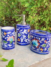 Load image into Gallery viewer, Jaipur Blue Pottery Bathroom Dispenser Set - Blue (Set of 3)