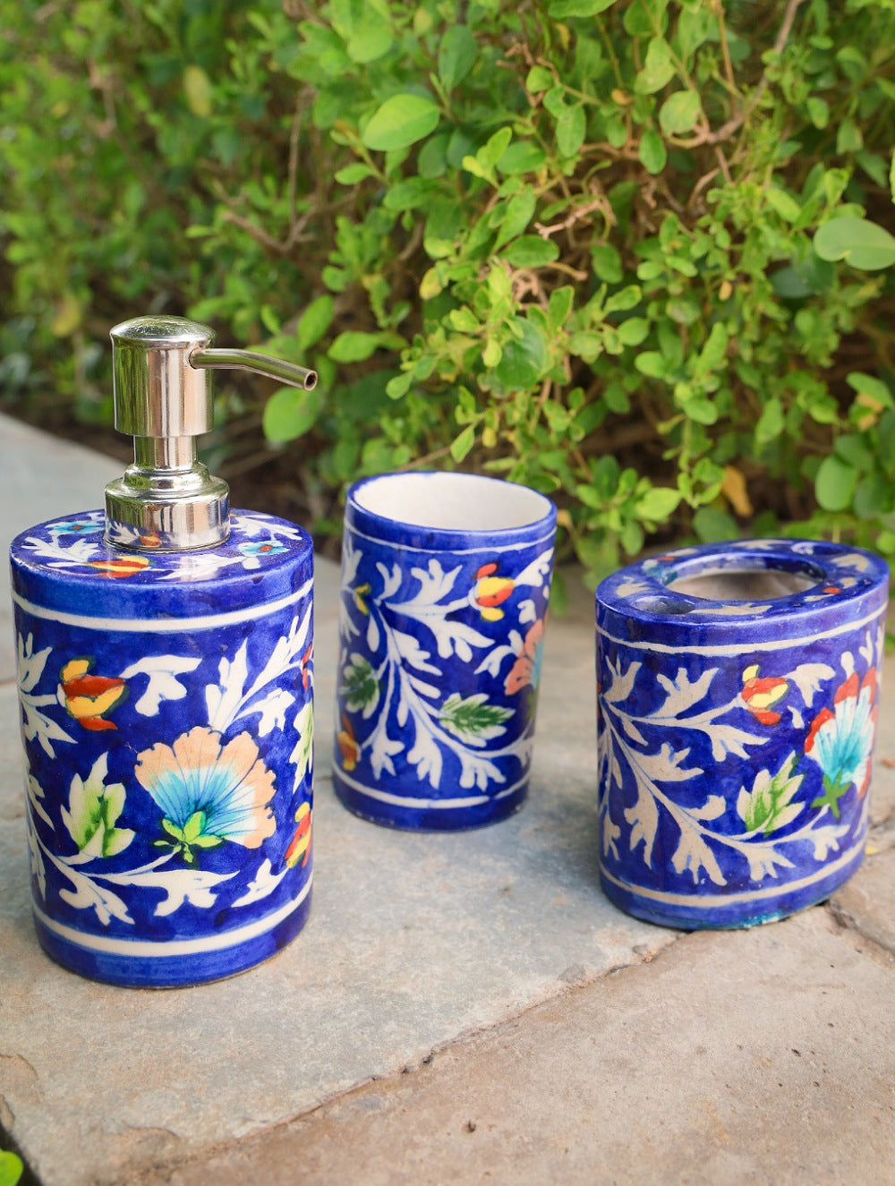 Load image into Gallery viewer, Jaipur Blue Pottery Bathroom Dispenser Set - Blue (Set of 3)