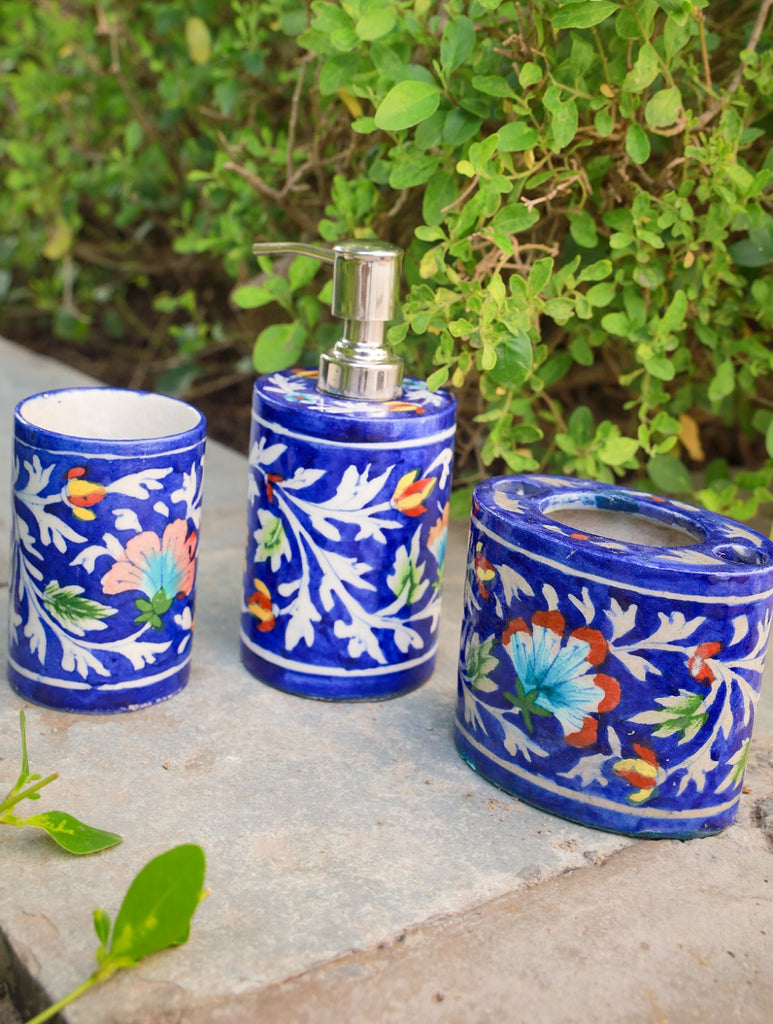 Jaipur Blue Pottery Bathroom Dispenser Set - Blue (Set of 3)