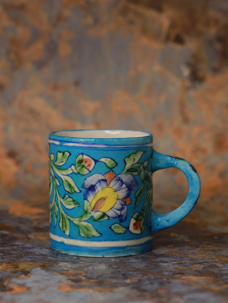 Jaipur Ceramic Blue Pottery Mugs (Set of 2) - Turquoise Blue Floral