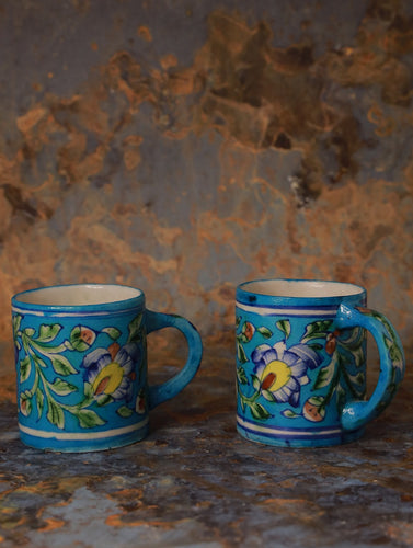 Jaipur Ceramic Blue Pottery Mugs (Set of 2) - Turquoise Blue Floral