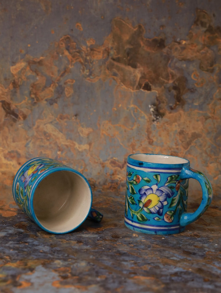 Jaipur Ceramic Blue Pottery Mugs (Set of 2) - Turquoise Blue Floral