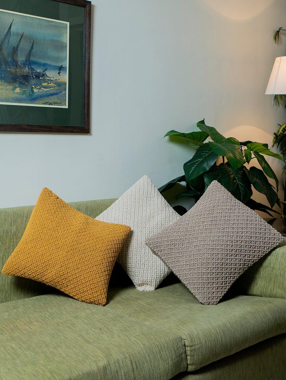 Load image into Gallery viewer, Jewel Handknotted Macramé Cushion Covers (Set of 3) - Mustard, Ivory &amp; Dark Beige