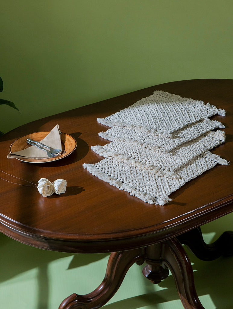 Jewel Handknotted Macramé Table Mats - Ivory (Set of 4)
