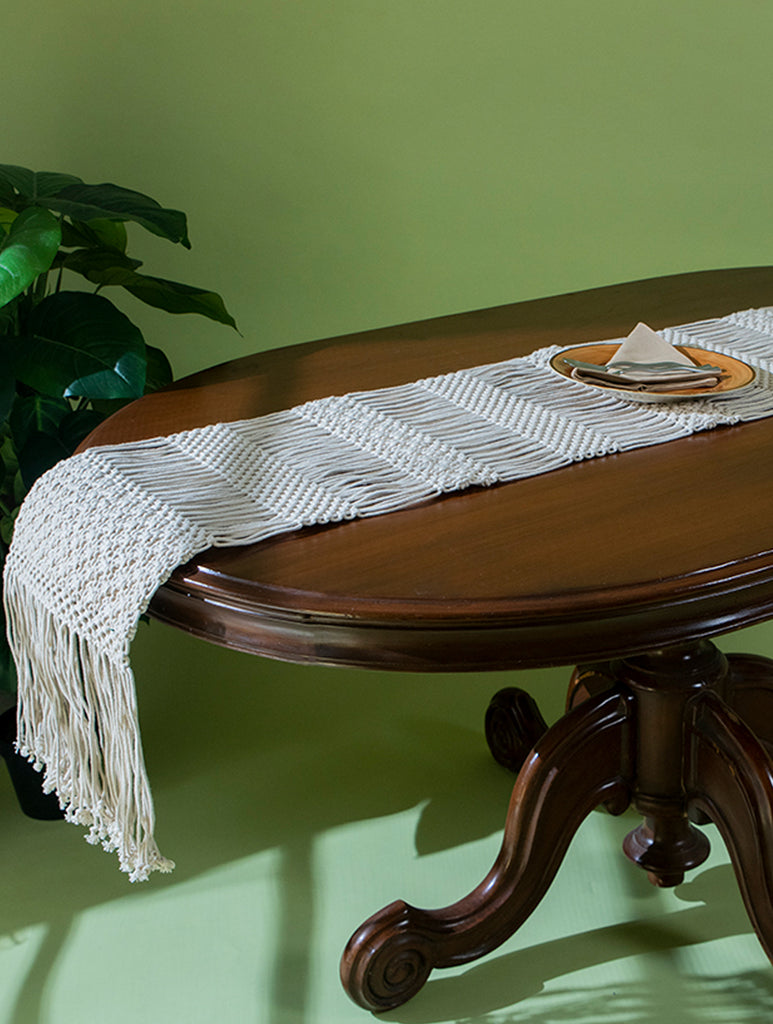 Classic Handknotted Macramé Table Runner - Beige