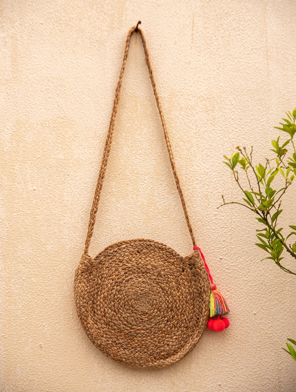 Load image into Gallery viewer, Jute &amp; Fabric Sling Bag - Round