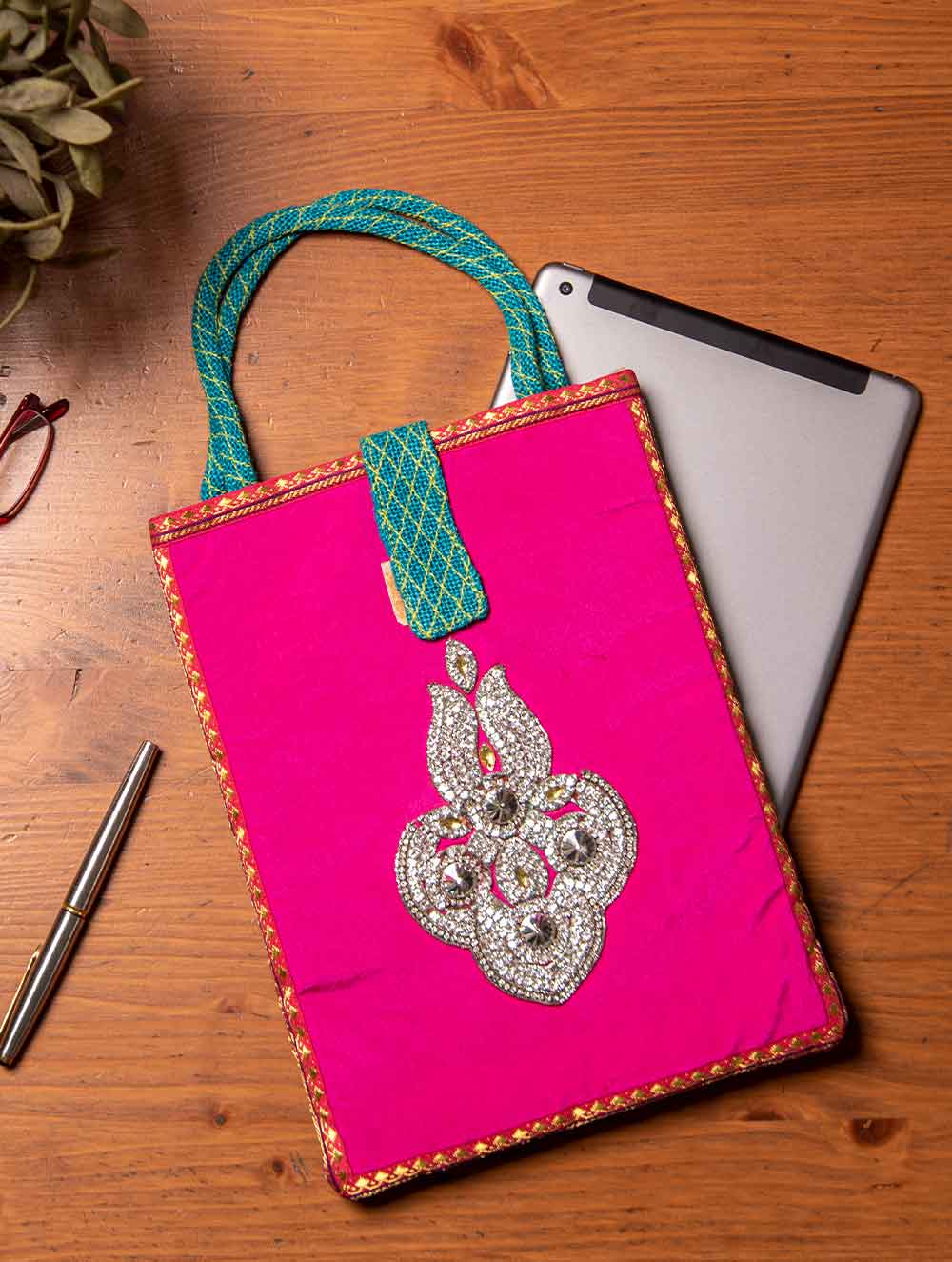  Jute & Silk Ipad Case with Zardozi / Dabka embroidery & Handles - 11 x 8.5 inches