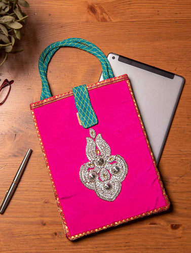  Jute & Silk Ipad Case with Zardozi / Dabka embroidery & Handles - 11 x 8.5 inches