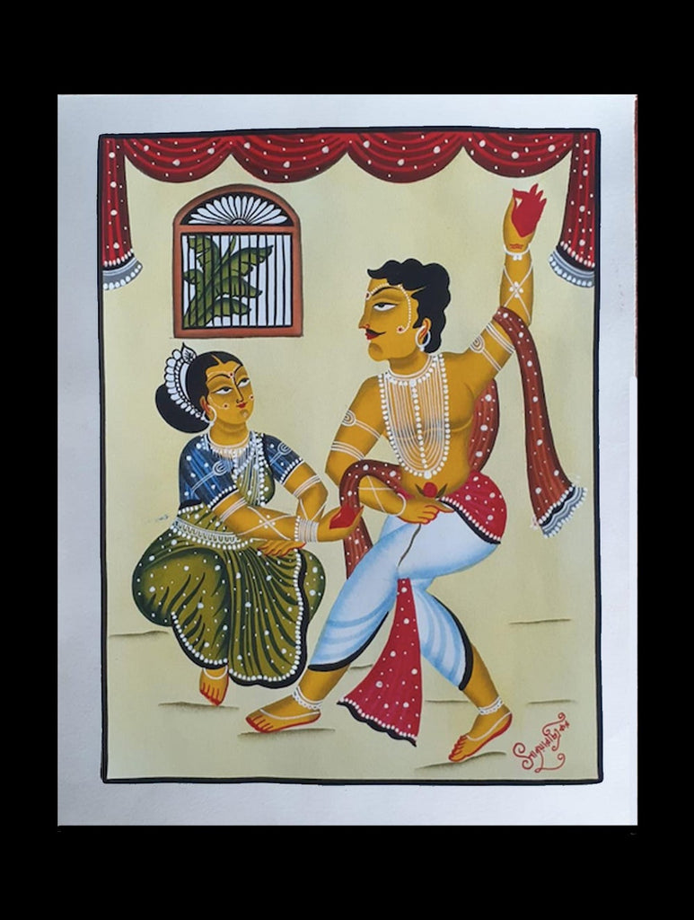Kalighat Painting With Mount - Dancing Groom (17" x 14")