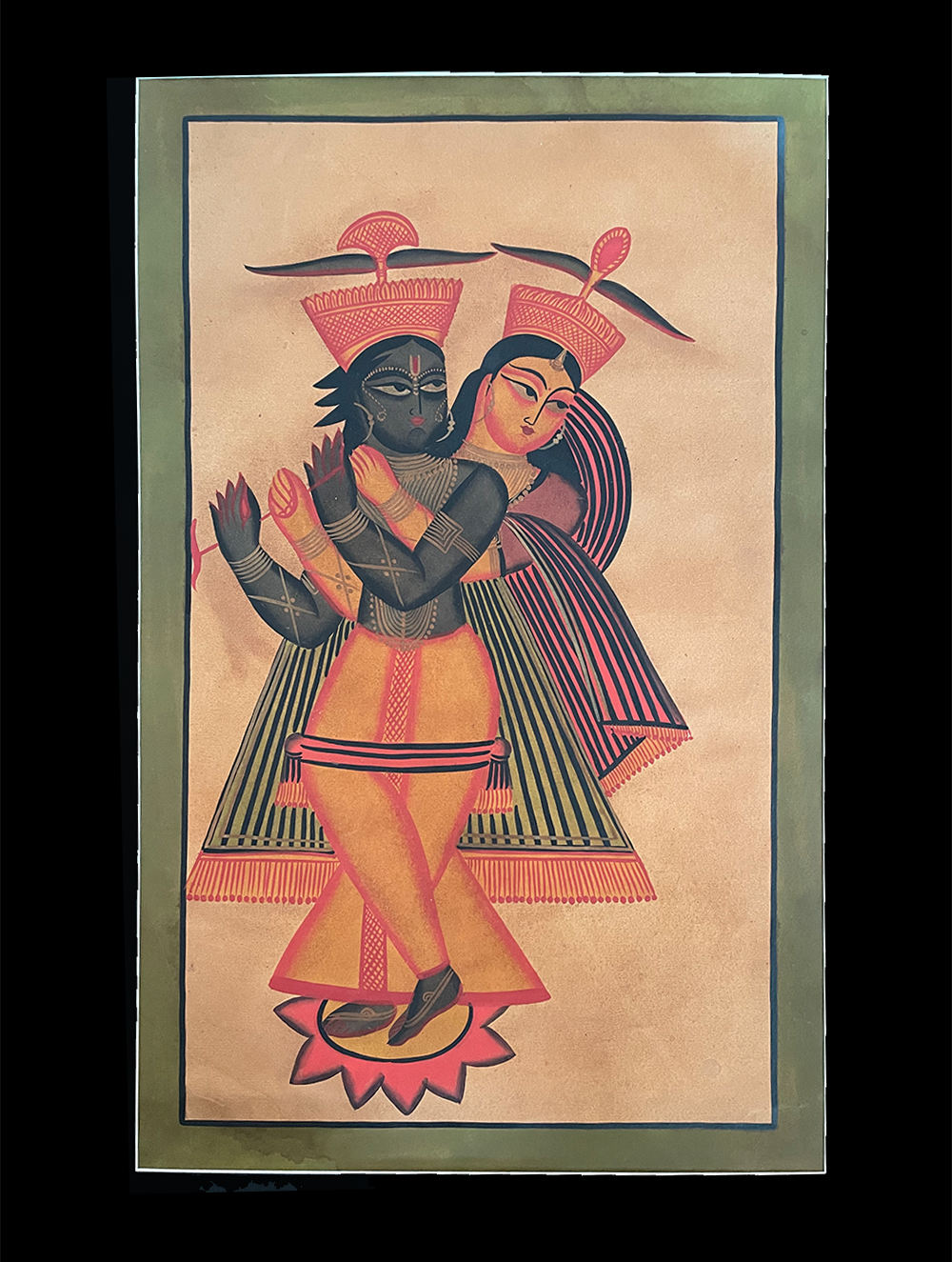 Kalighat Painting With Mount - Krishna Gopi (25" x 17")