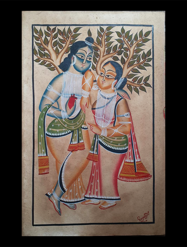 Kalighat Painting With Mount - Krishna Radha (25" x 17")