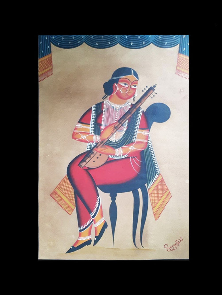 Kalighat Painting With Mount - Musical Lady (25" x 17")