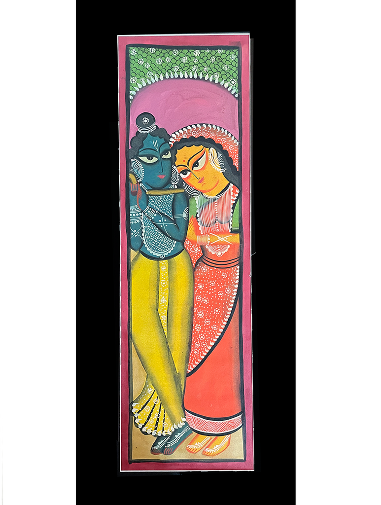 Kalighat Painting With Mount - Radhe Krishna (25" x 10")